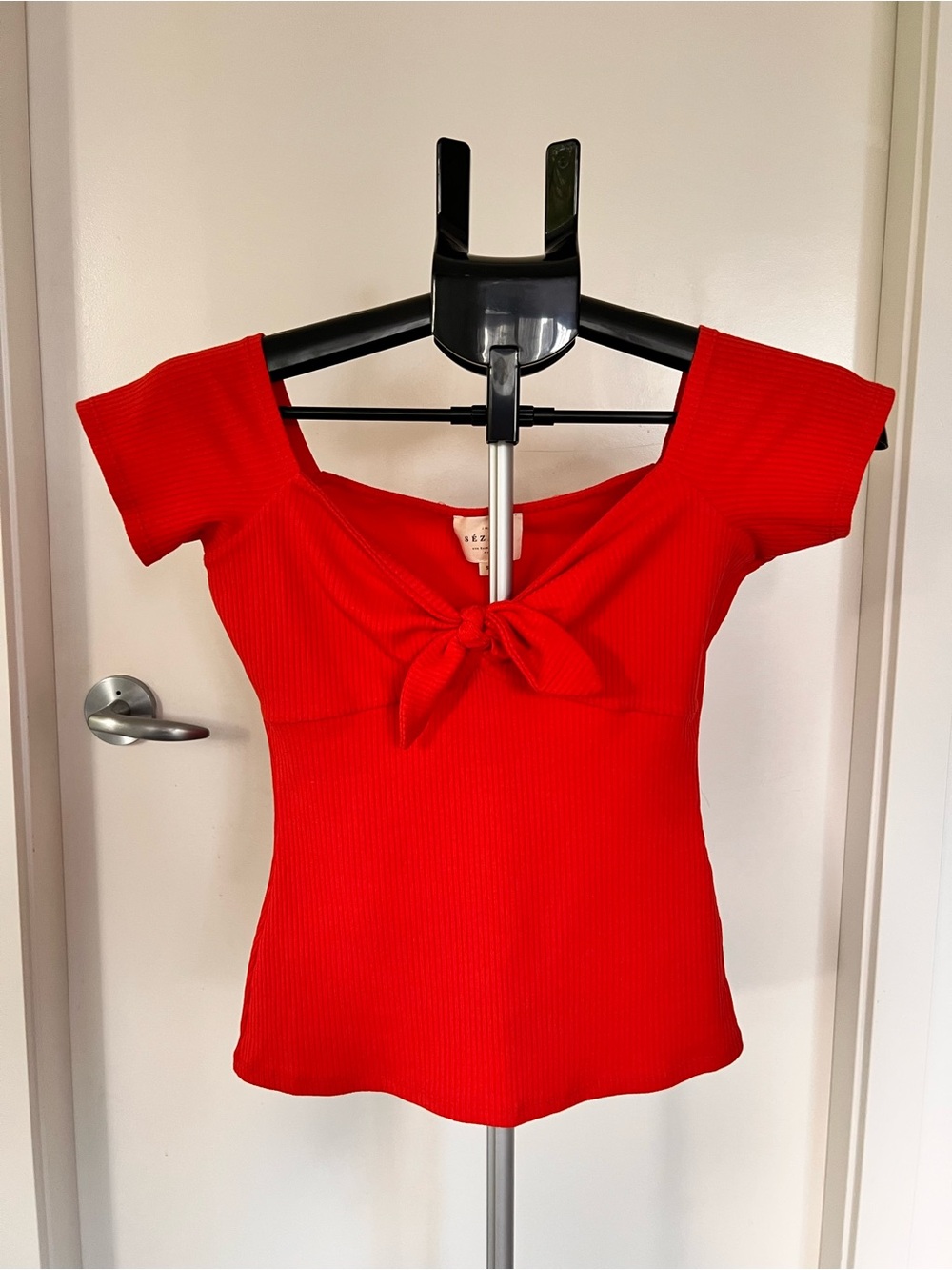 Sezane Red Ribbed Off-Shoulder Knit Top